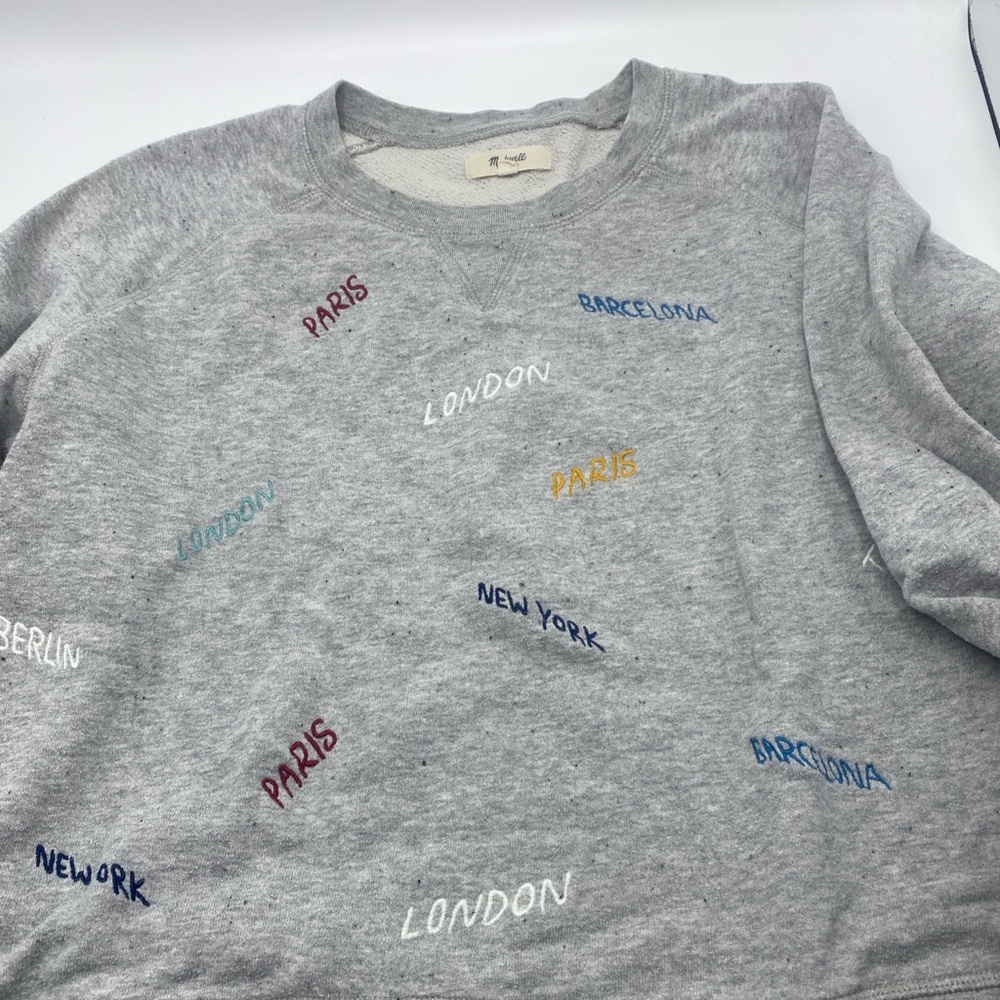 MADEWELL Sweater Crew Large  Top Long Sleeve Gray Cities Paris London New York